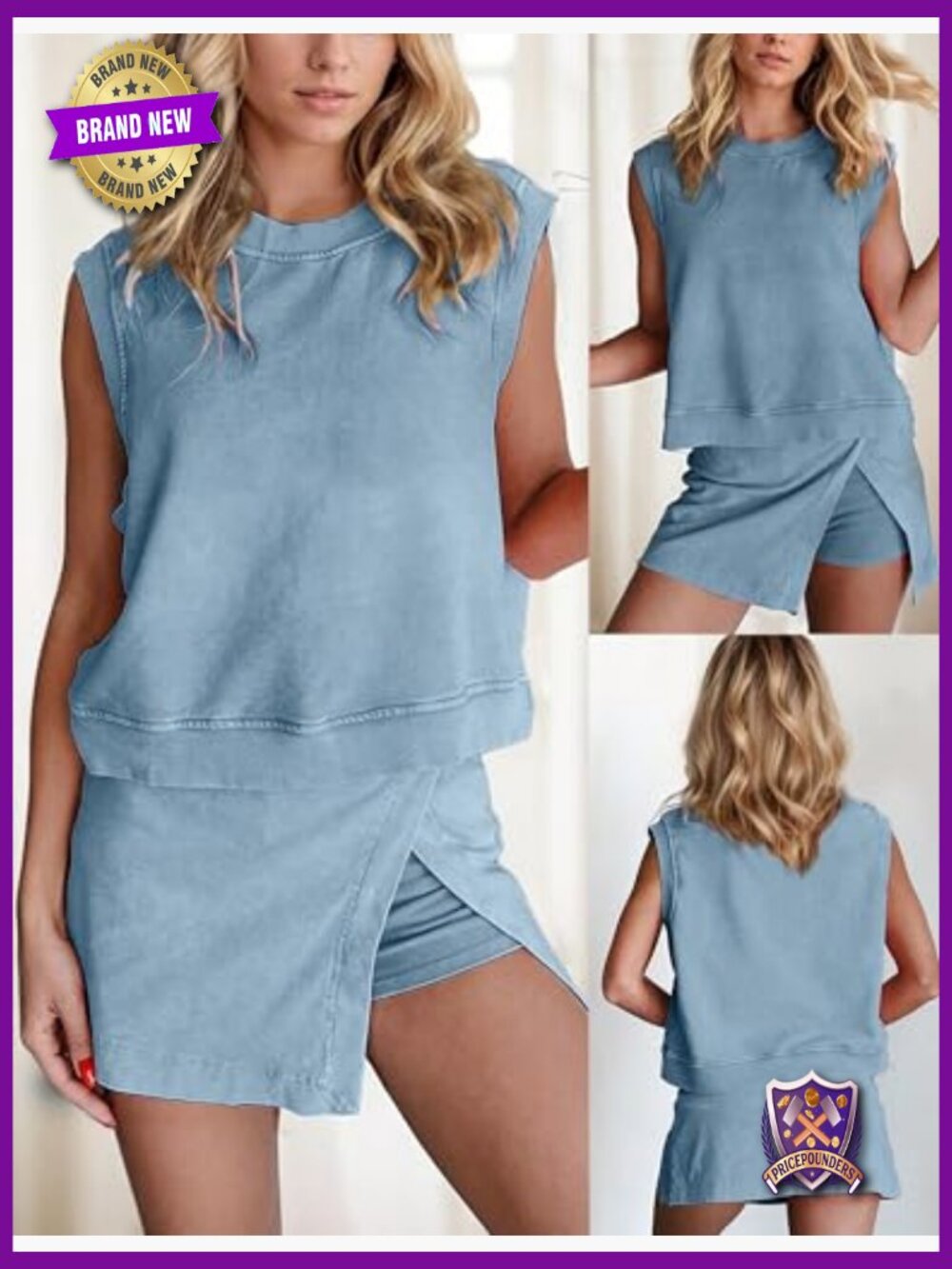 2 Piece Cotton Tank Top Skort Set Casual Summer Tracksuit with Side Slit & - Picture 2 of 7